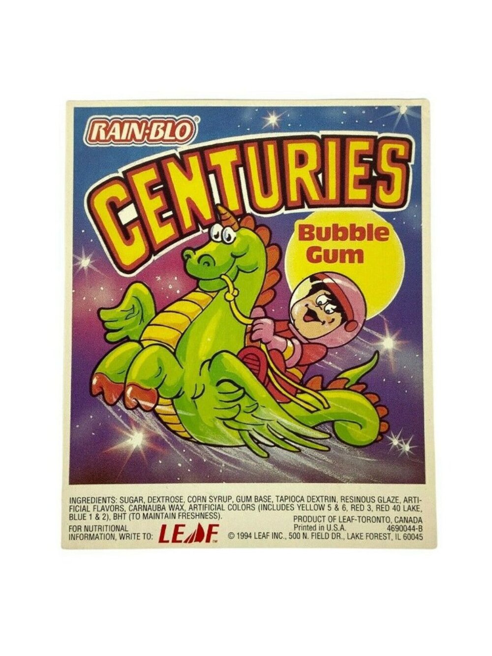 Rain-Blo Centuries Bubble Gum Vending Machine Display Card 1994 Leaf Brands